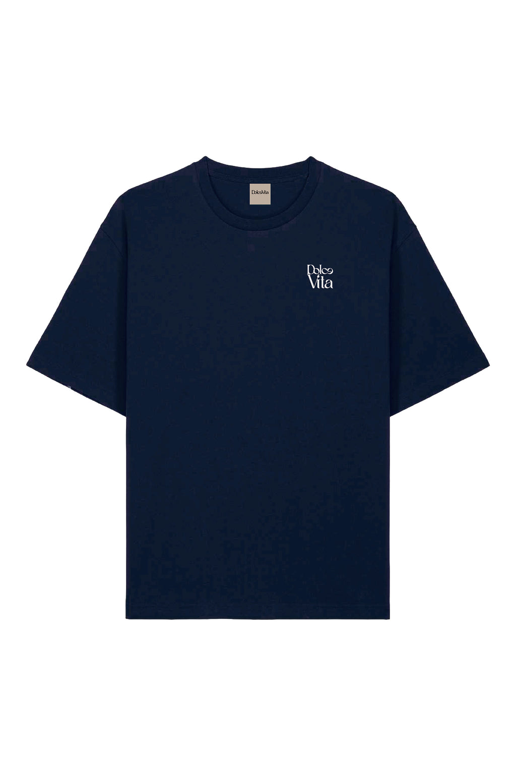 Mockup avant du t-shirt Dolce Vita French Navy avec logo blanc en relief
