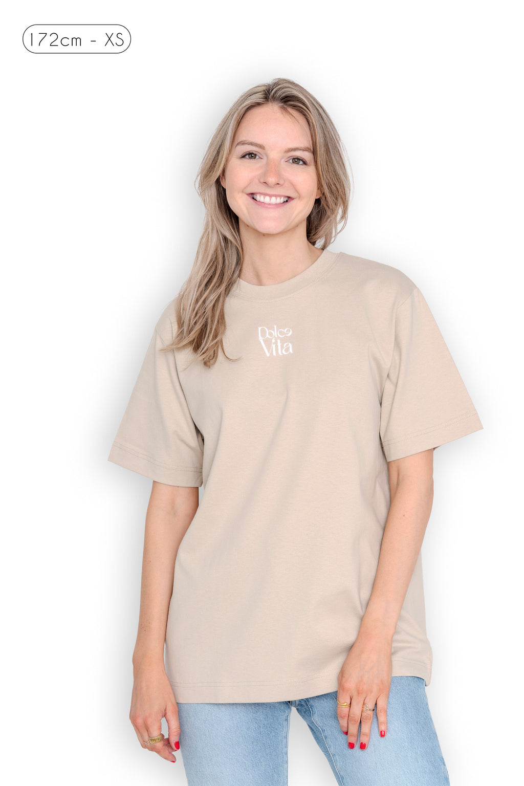 Vue avant du t-shirt La Vita è Bella sable avec logo en relief velours