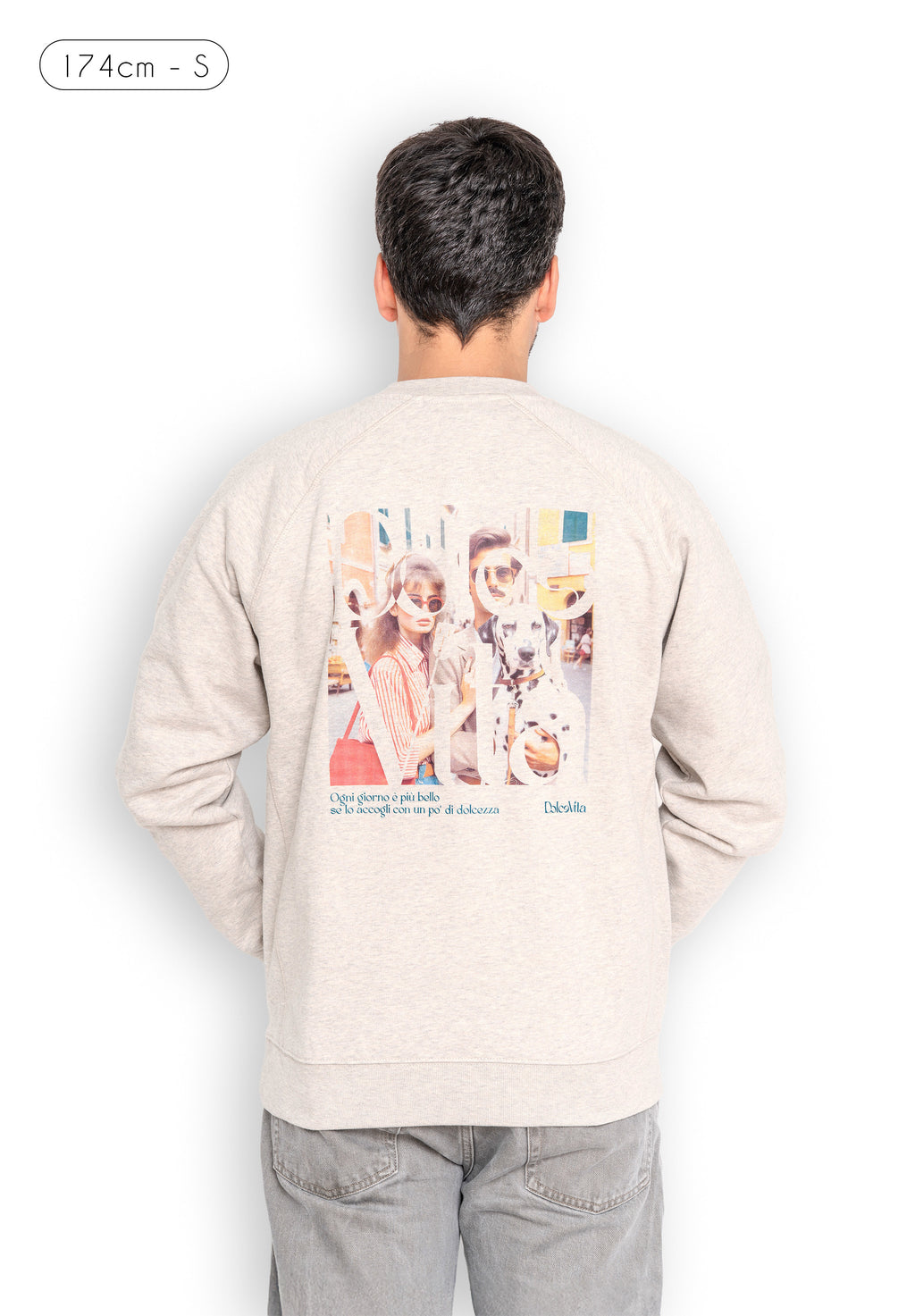 Vue arrière du sweatshirt Ogni Giorno gris chiné en coton bio avec illustration haute définition