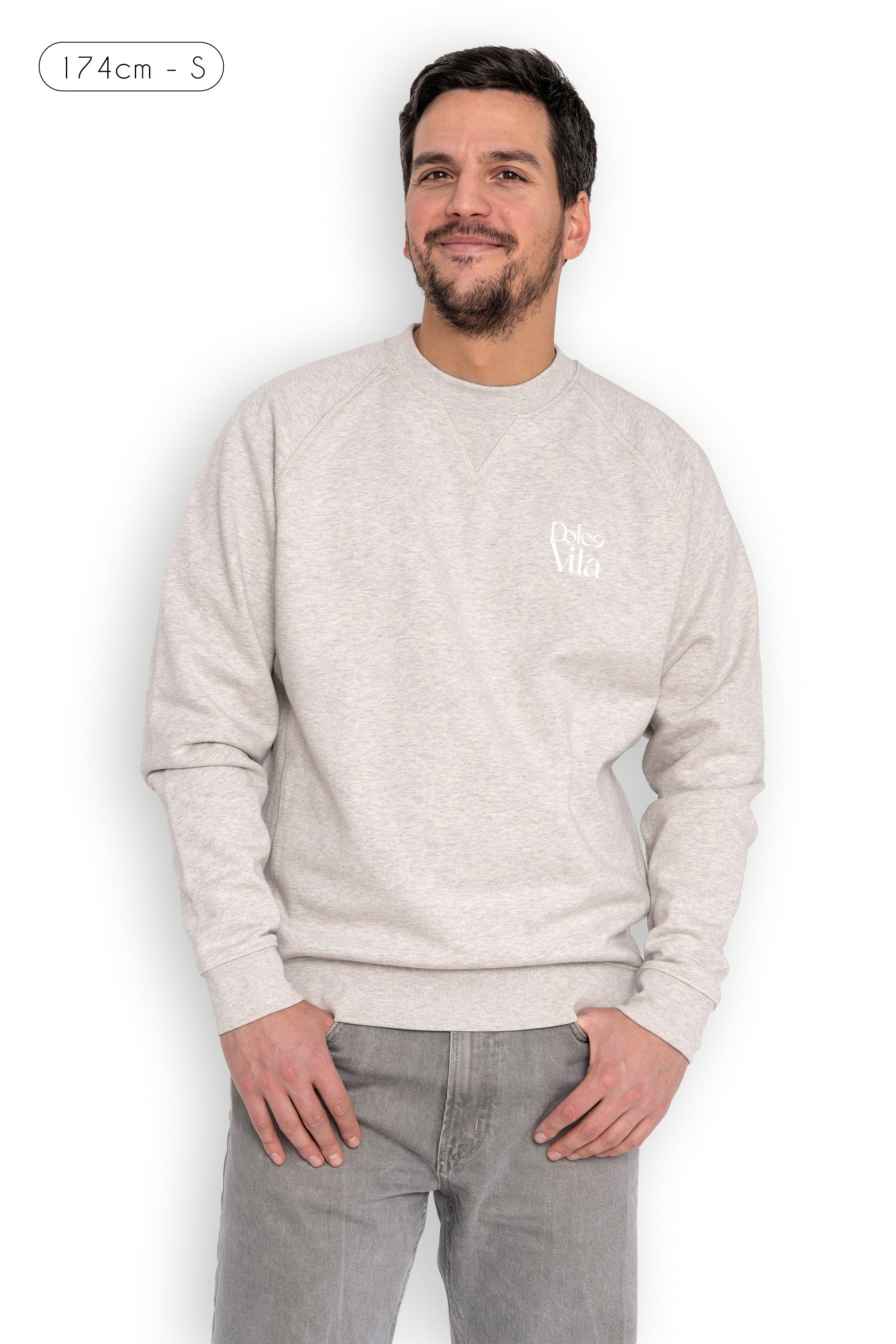 Vue avant du sweatshirt Ogni Giorno avec logo en relief velours sur fond gris chiné